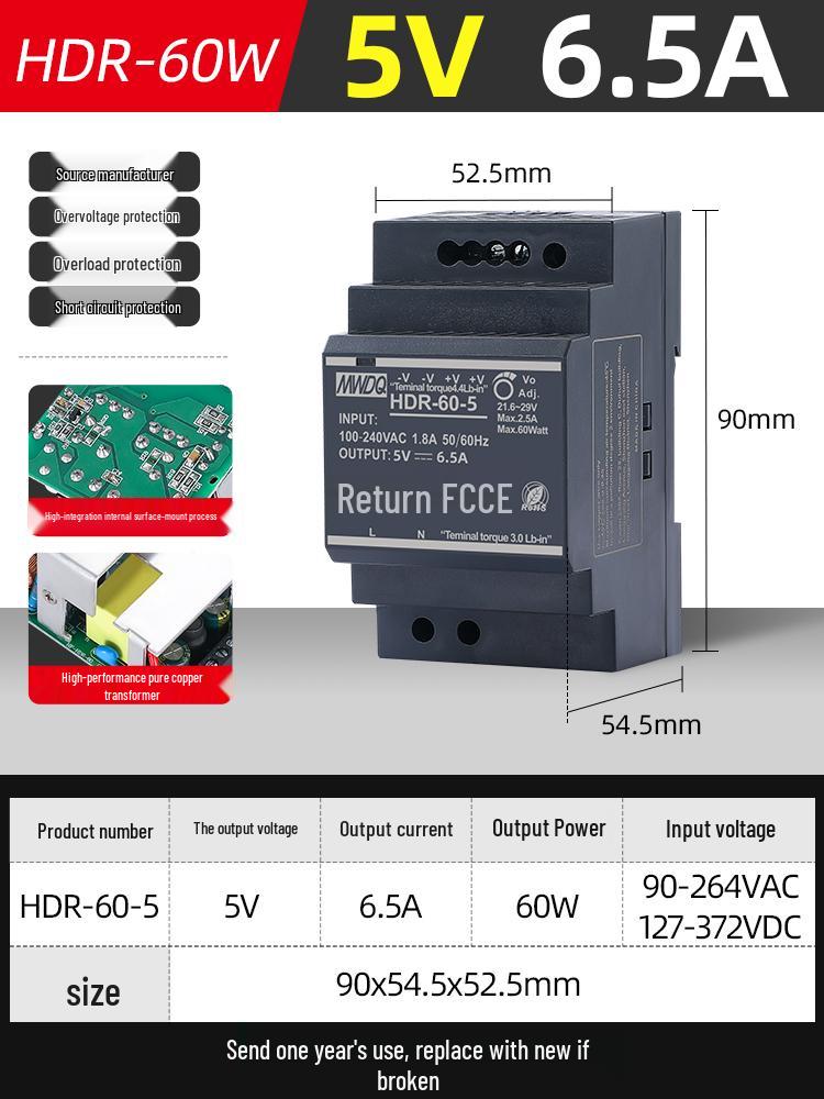 HDR-30 DIN Rail 24V Switched-mode Power Supply, DR-60-12 DC Transformer 220V to 5V, 30/100/15W.