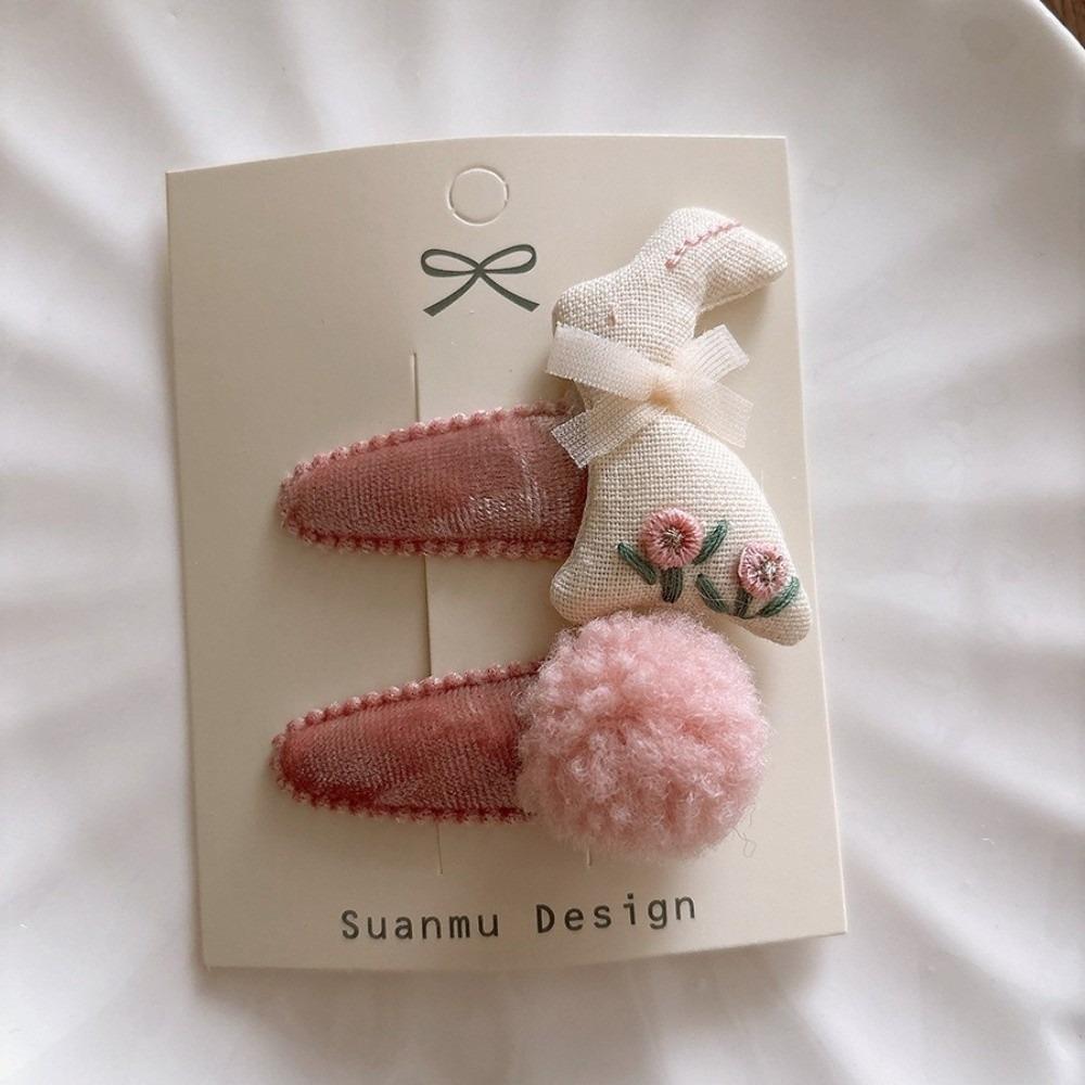 Cartoon Rabbit Side BB Clips Pink Hair Ties Cute Velvet Hair Clips Set for Girls