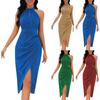 Женское модное сплошное цветное платье с воротником-стойкой, облегающее сексуальное платье с разрезом нерегулярной формы
