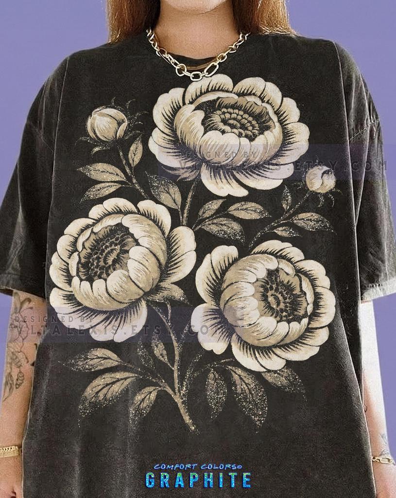 Floral Peonies Botanical Garden Retro Vintage Art Comfort Colors® Tshirt, Sparkling Glitter Black And White Flower Lover Elegant Tees