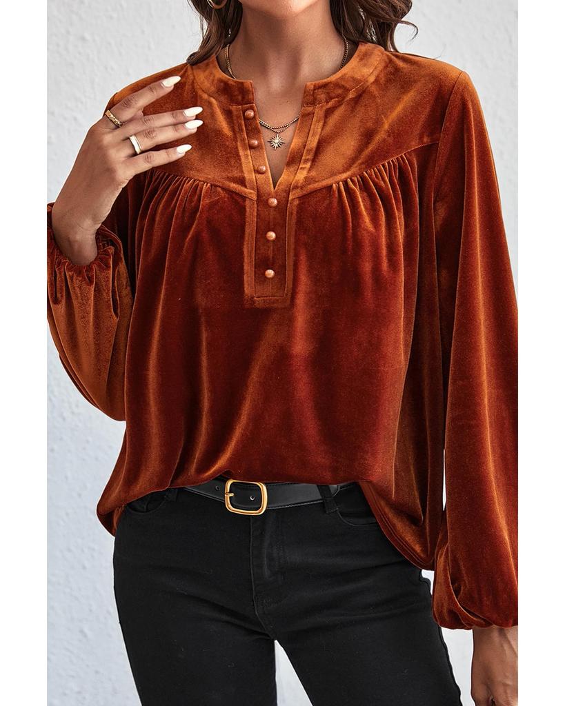 Azura Exchange Gold Flame Lantern Sleeve Beaded Split V Neck Velvet Top