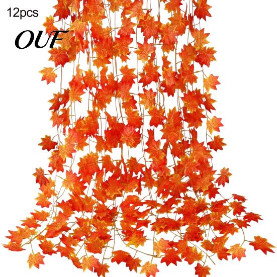 Orange Red Autumn Leaf Decor Artificial Maple Garland, Hanging Plant Fake Fall Realistic Silk Leaves Rattan, Gradient for Thanksgiving Home
