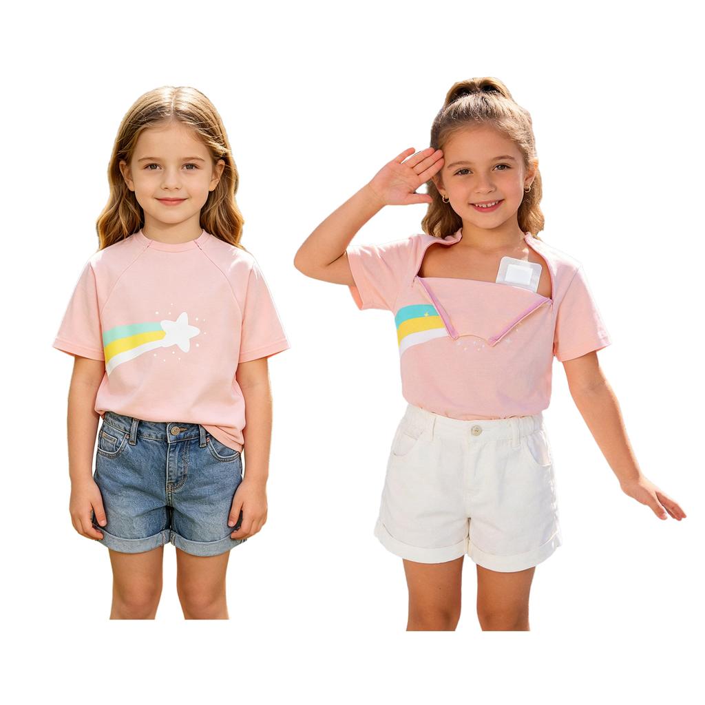 Kids Boys Girls Special Needs Adaptive Clothing Short Sleeve Rainbow Print Chest Port Access Chemo T-shirt with Zippers