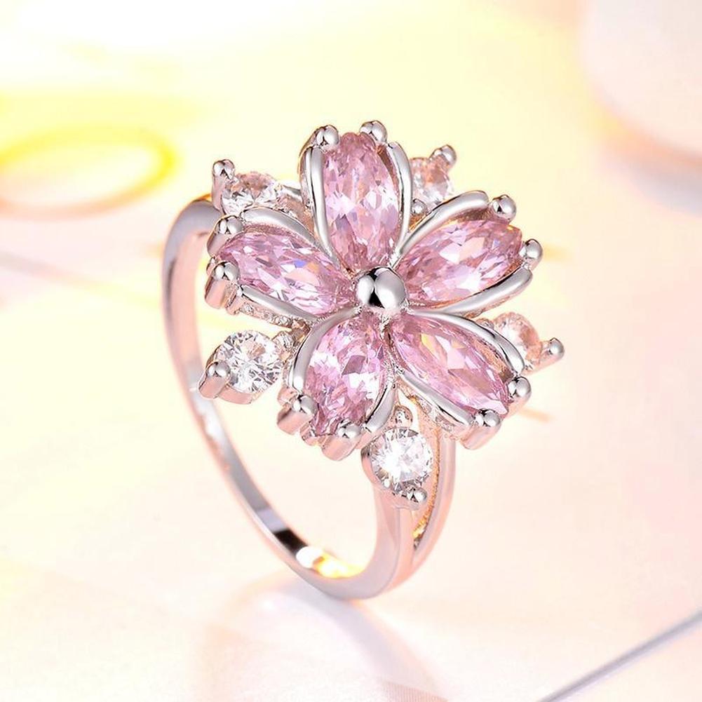 Elegant Fashion Princess Engagement Rings for Bride Jewelry Romantic Blossom Pink Stone Lady Rings