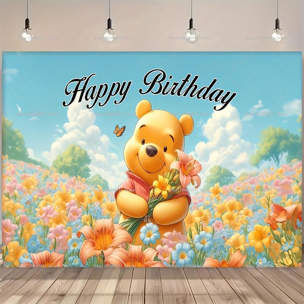 Happy Birthday Party Winnie the Pooh Backdrop Newborn 1st Birthday Photography Background Decor Baby Shower Photo Booth Banner