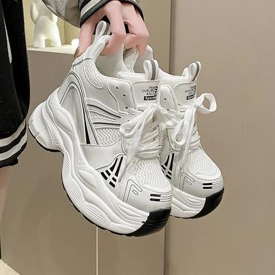 Модные Новые Весенние Женские Дышащие Сетчатые Массивные Кроссовки 10 СМ Высокая Платформа Повседневная Обувь На Шнуровке Летняя Спортивная Кожаная Обувь Женская 2024