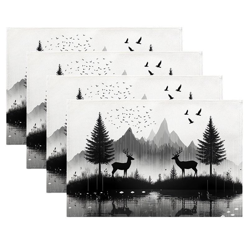 4pcs Black & White Forest Mountain Raindrop Placemats - Deer & Birds Silhouette Design, Durable Polyester 12x18 Inch Rectangular Table Mats for Indoor
