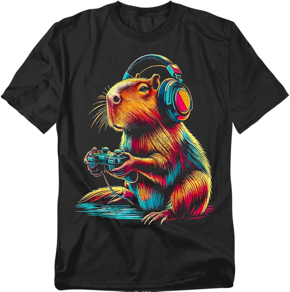 Popfunk Happy Capybara Gaming T Shirt – Funny Gamer Animal Tee for Men or Women, Unisex Adult
