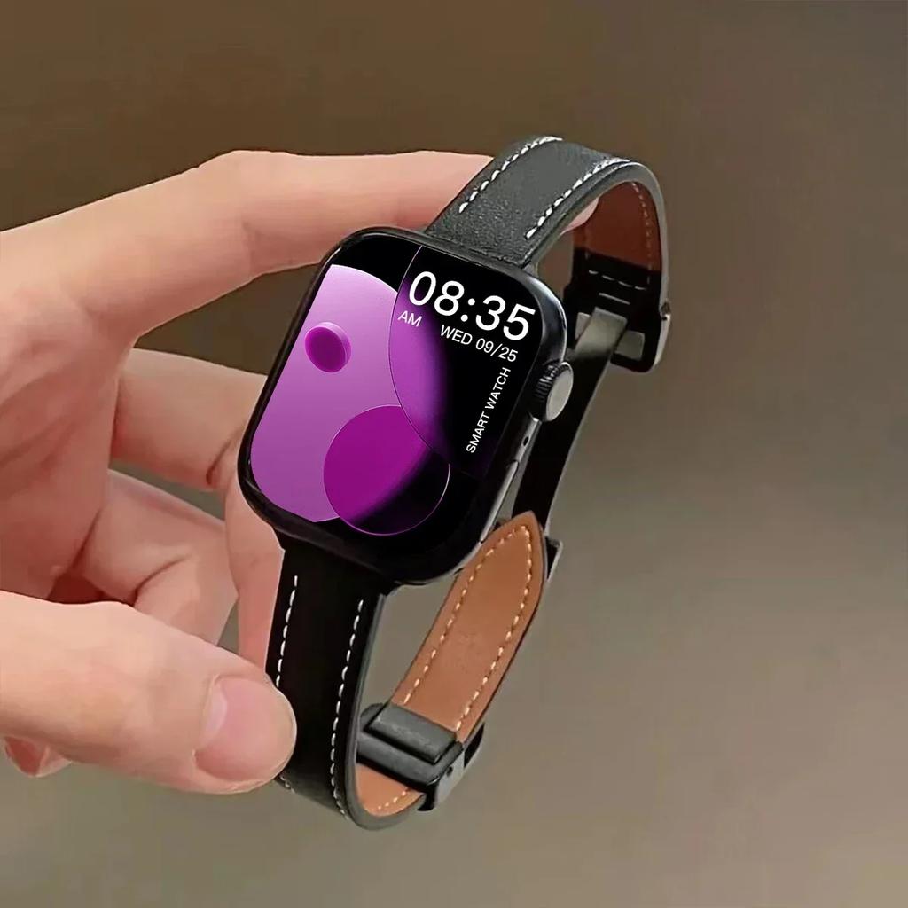 Magnetic Buckle Strap For Apple Watch 10 42/46mm SE 44 40mm 9 8 7 41 45mm Folding Slim Leather Bracelet iWatch Series 10 8 7 6 5