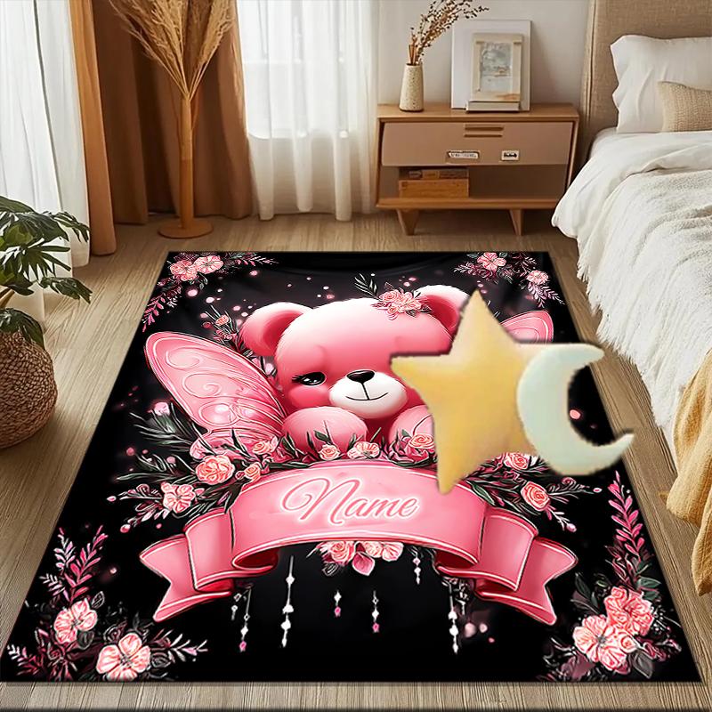 1PC Custom Name Pink Fairy Bear Theme Floor Mat Ideal for Living Room, Game Rooms, Office, Bedroom,Floor Mat Playful Design