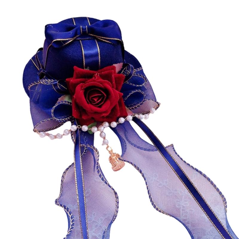 Gothic Lace Flat Top Hat with Veil Ribbon for Women Cosplay Party Costume Day of the Death Headpiece Holiday Accessories