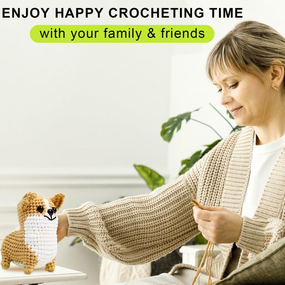 Corgi Crochet Kit for Adults – Beginner Starter Set with Yarn, Hook, Stuffing, Safety Eyes, Instructions | DIY Knitted Animal Doll Craft Gift