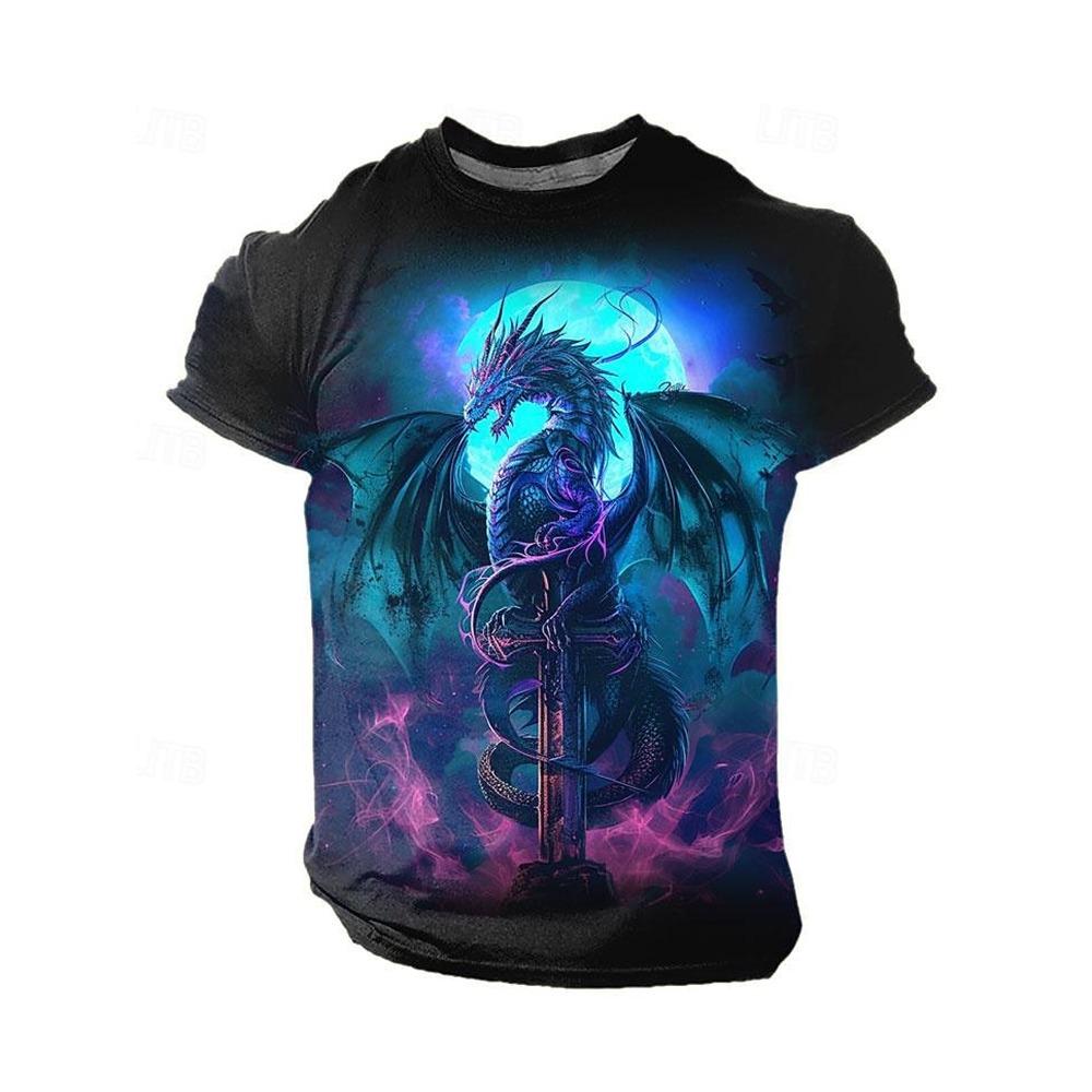 Men‘s T-Shirts 3D Dragon Print Short Sleeve Casual O Neck Pullover Street Outdoor Tops Tee Outdoor Sportshirt Oversized Clothing