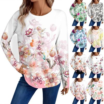 Женская мода повседневный топ с длинным рукавом с цветочным принтом и круглым вырезом