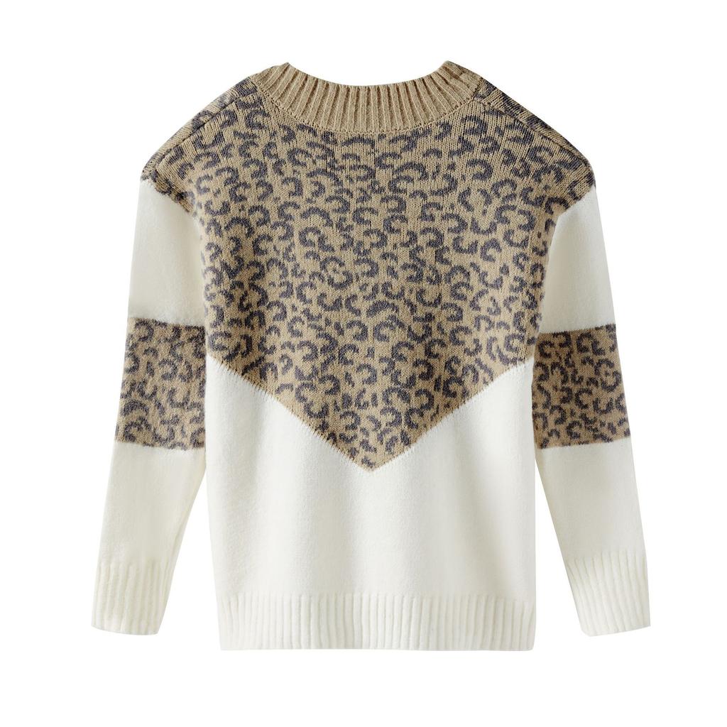 Autumn and Winter Women's Sweater Leopard Print Knit Sweater V-Neck Patchwork Women's Sweater