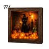 Tabletop Home Accent DIY Lighted Halloween Ghost Shadow Box Kit, Wooden Frame LED Warm Light, Gothic Crystal Glass Display Case Memory with