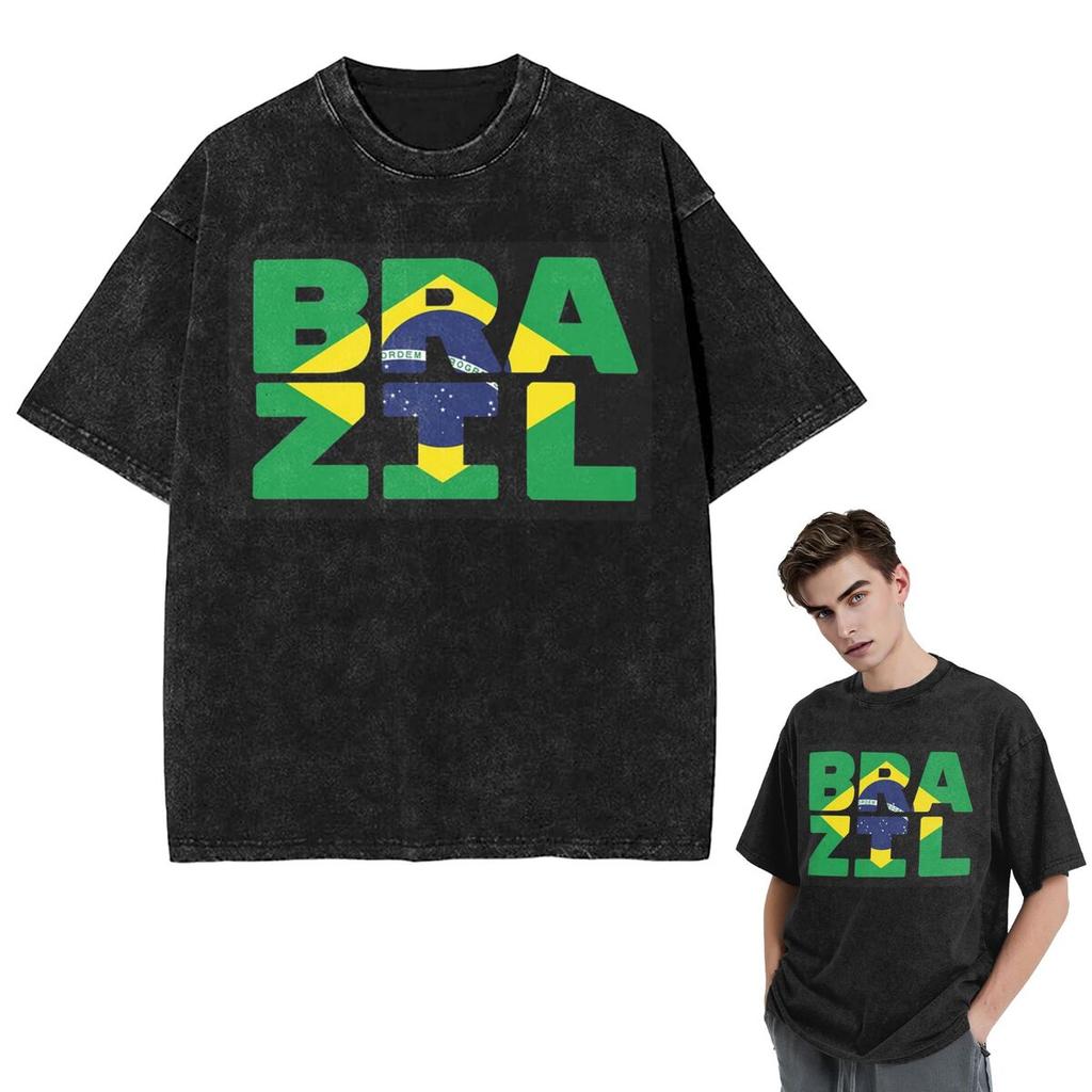 Streetwear T-Shirts Brazil Flag Text Washed T Shirt Short Sleeve Hip Hop T-Shirt Tops Tees for Men Women