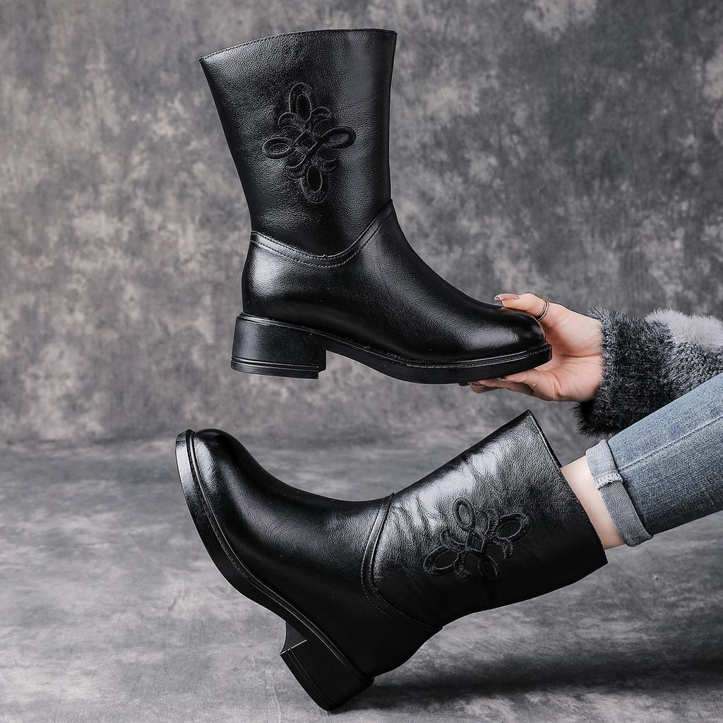 Real wool boots embroidered women's boots medium boots winter new short boots warm fashion mother shoes