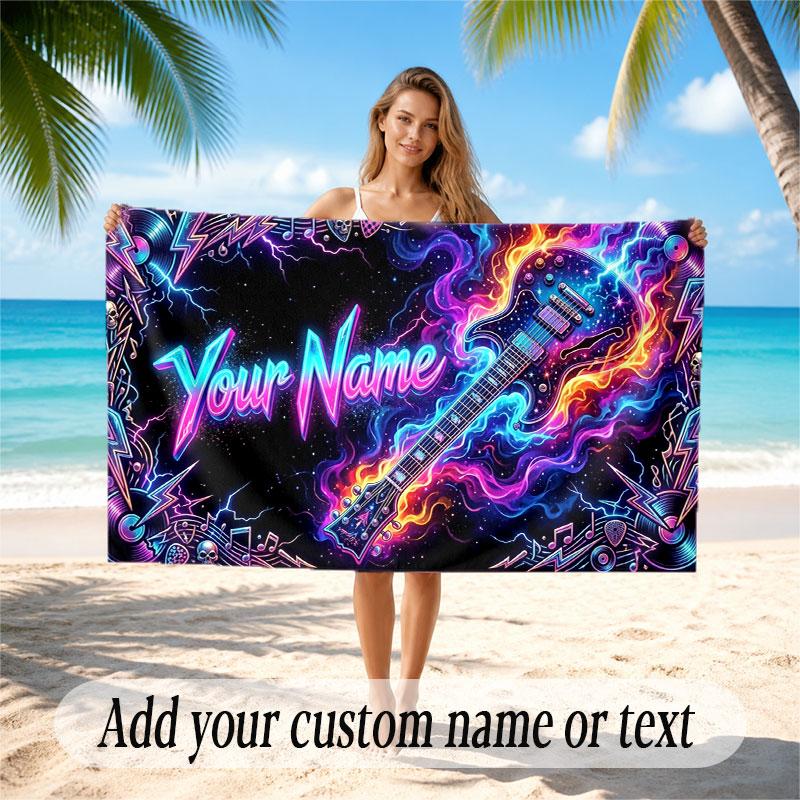 Music Guitar Theme Beach Towel Personalized Custom Name & Text Soft Quick Dry Beach Towel for Swimming Travel