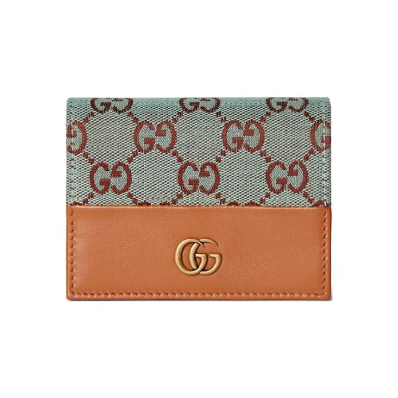 Gucci Волшебник страны Оз Двойной G логотип застежка-кнопка двустворчатый холст и кожаная окантовка держатель для карт женский светло-голубой и коричневый