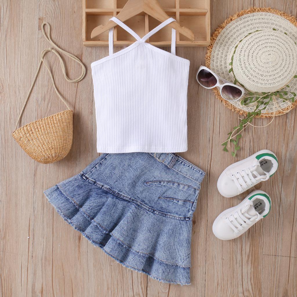 Летний костюм для девочек, однотонный джинсовый костюм с лямками и короткой юбкой