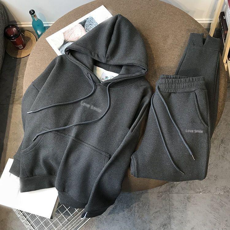 Autumn Winter Thick Jogger Two-piece Set Warm Hooded Sweatshirt Tracksuit High Waist Harem Pants Suits Thick Ankle Pants Set