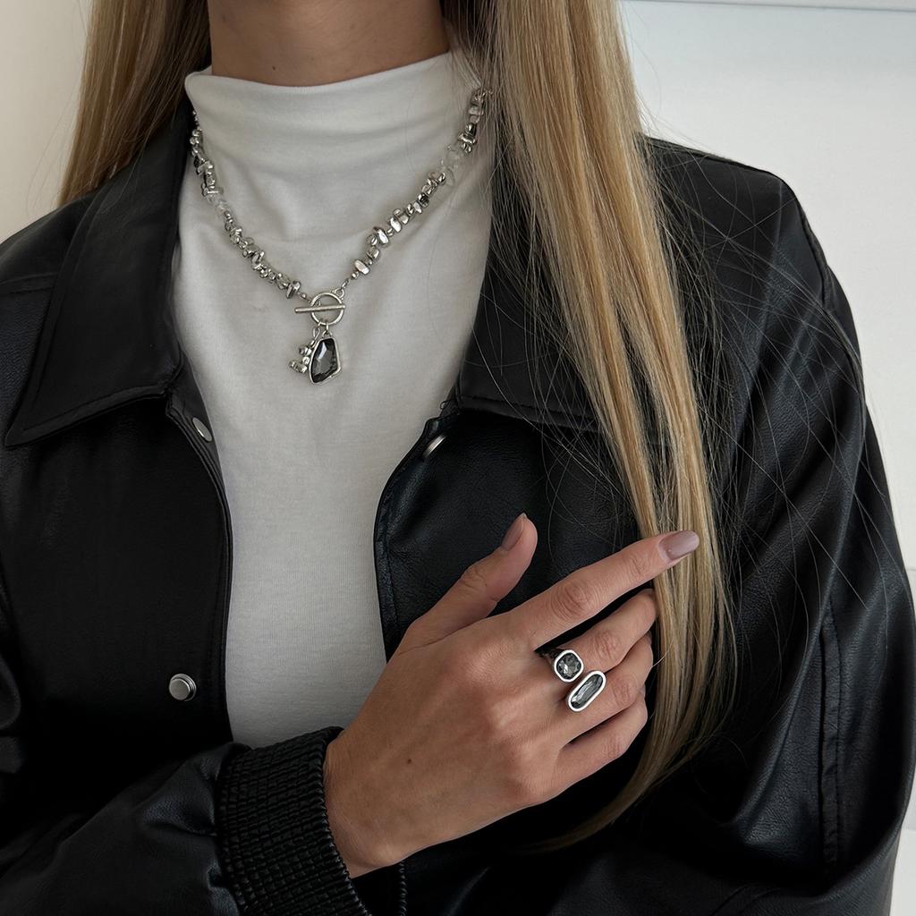 SHIXIN 2Pcs/Set Luxury Rhinestones Acrylic Pendant Necklace Ring for Women Charm Adjustable Opening Jewelry Set Accessories