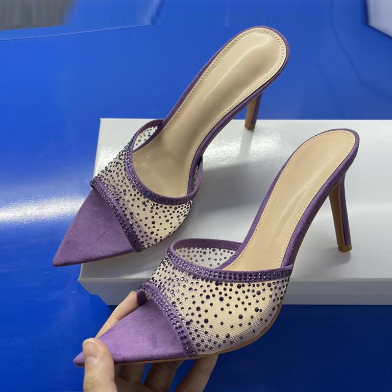 Liyke Летняя мода Кристалл Стразы сетчатые женские тапочки вечерние банкетные туфли мюли сексуальные острые носки тонкие высокие каблуки шлепанцы