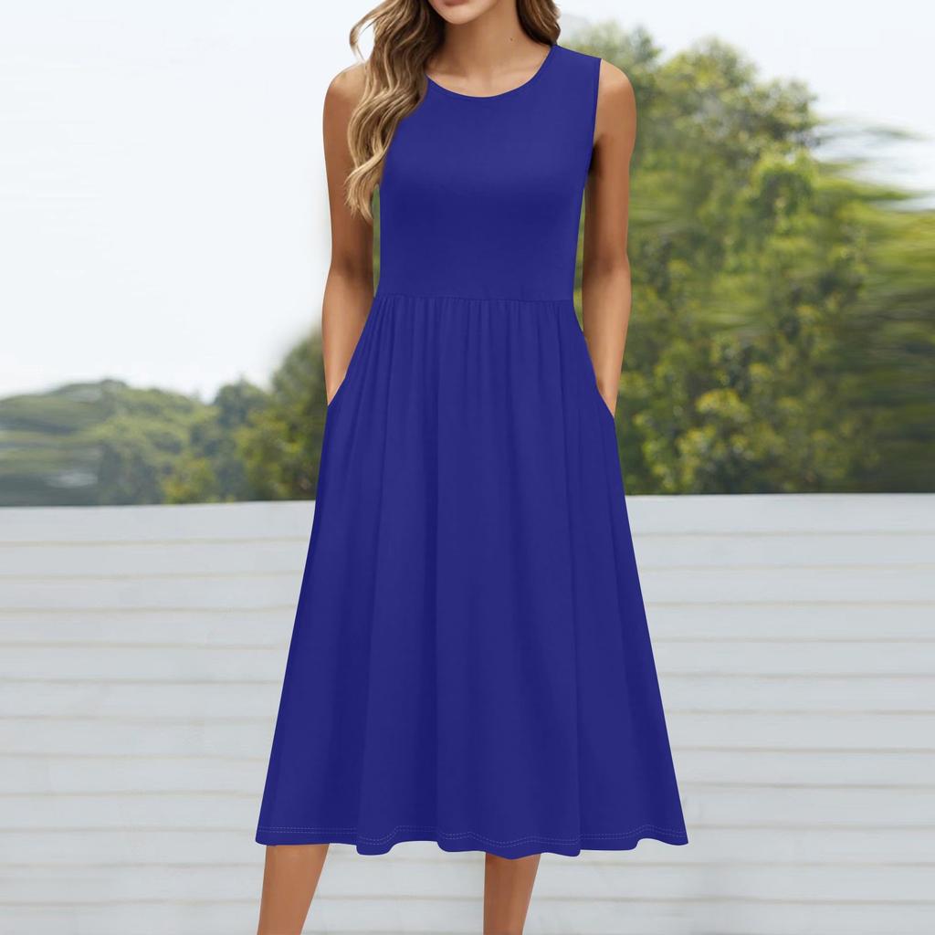 Женское модное однотонное платье без рукавов с круглым вырезом и карманом средней длины