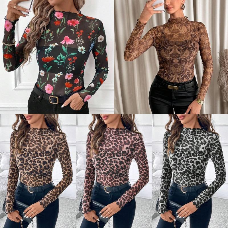 Women S Sexy Leopard Mesh Ruffle Slim Fit T Shirt