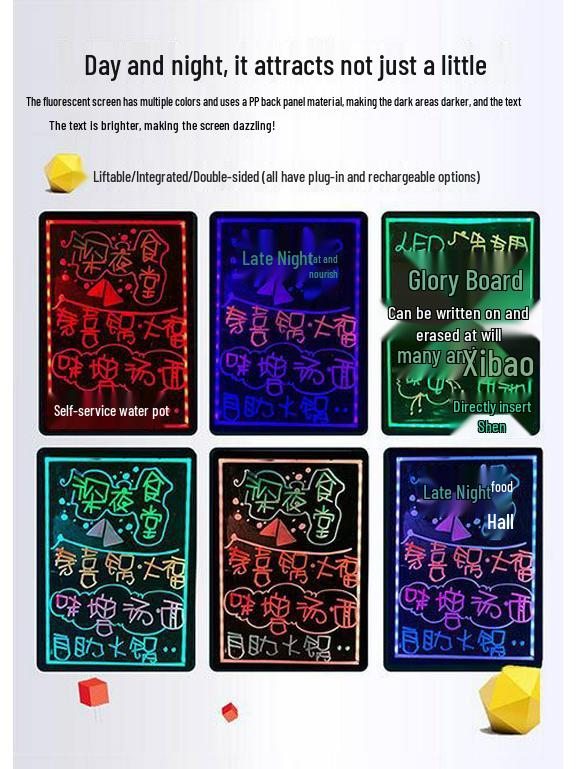 Флуоресцентная рекламная доска для ночного рынка - Светящаяся витрина магазина, меловая доска