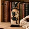 Autumn Seasonal Decorations for Mantle Wooden Witch Ornament, Retro Halloween Figurine with Broom/Pumpkin/Black Detailed Carving Cat, Creative