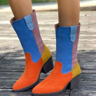 Модные разноцветные замшевые полусапожки с острым носком, мягкой подошвой, нескользящие, износостойкие, на квадратном каблуке
