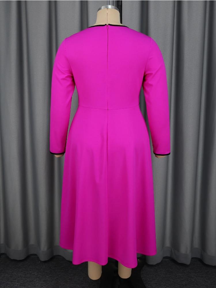 Women Elegant Rose A Line Midi Dress O Neck Long Sleeves Appliques Pleated Color Block Slit Classy Evening Party Daily Office