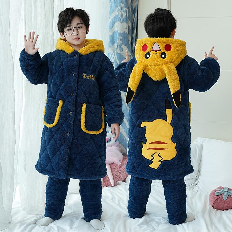Kids Winter Warm Flannel Pajama Set With 3-Layer Cotton Padding Cartoon Print Long Sleeve Sleepwear Boys