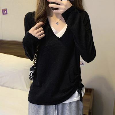 Большой размер Fat Girl Fake Двухсекционный топ с V-образным вырезом для женщин с тонким внутренним длинным рукавом, дизайн рубашки, вязаный свитер с длинными рукавами