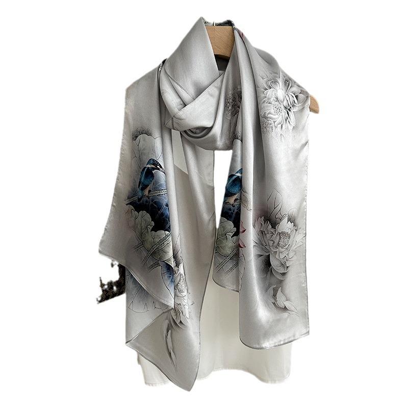 New Chinese elegant silk scarf women's new temperament versatile mulberry silk long scarf high-end gift plain crepe satin silk scarf