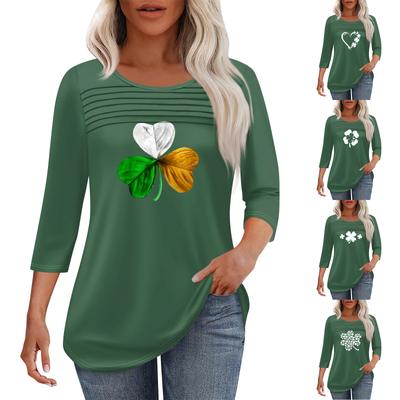 Женская мода круглый вырез шея плиссированная передняя планка однотонный топ рукав 3/4