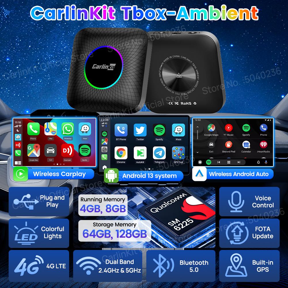 CarlinKit LED Android 13 ТВ-бокс SM6225/SDM660 8-ядерный Беспроводной CarPlay и Android Auto AI Box Поддержка GPS Netflix/IPTV/TF/SIM-карты