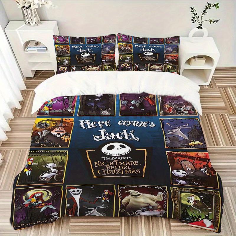 3pcs Jack Skellington Quilt Set, Soft and Comfortable Bedroom, Guest Room and Dorm Decor Bedding Set 1 Quilt Cover + 2 Pillowcases.F052