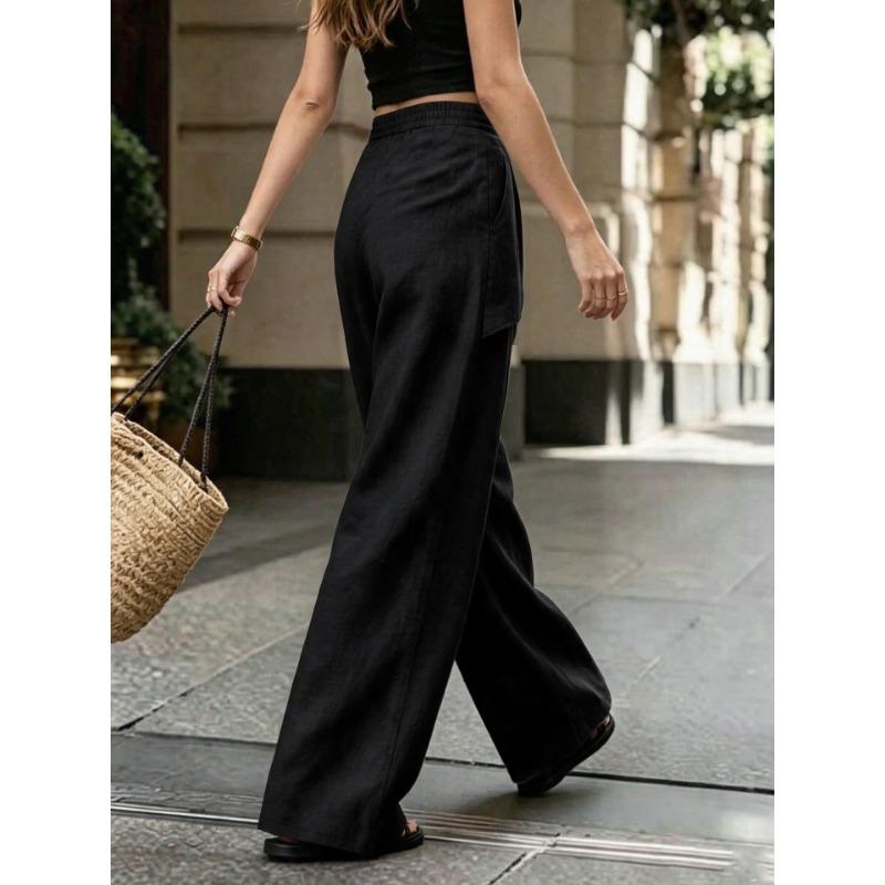Women Irregular Design Loose Solid Linen Blend Wide Leg Casual Pants