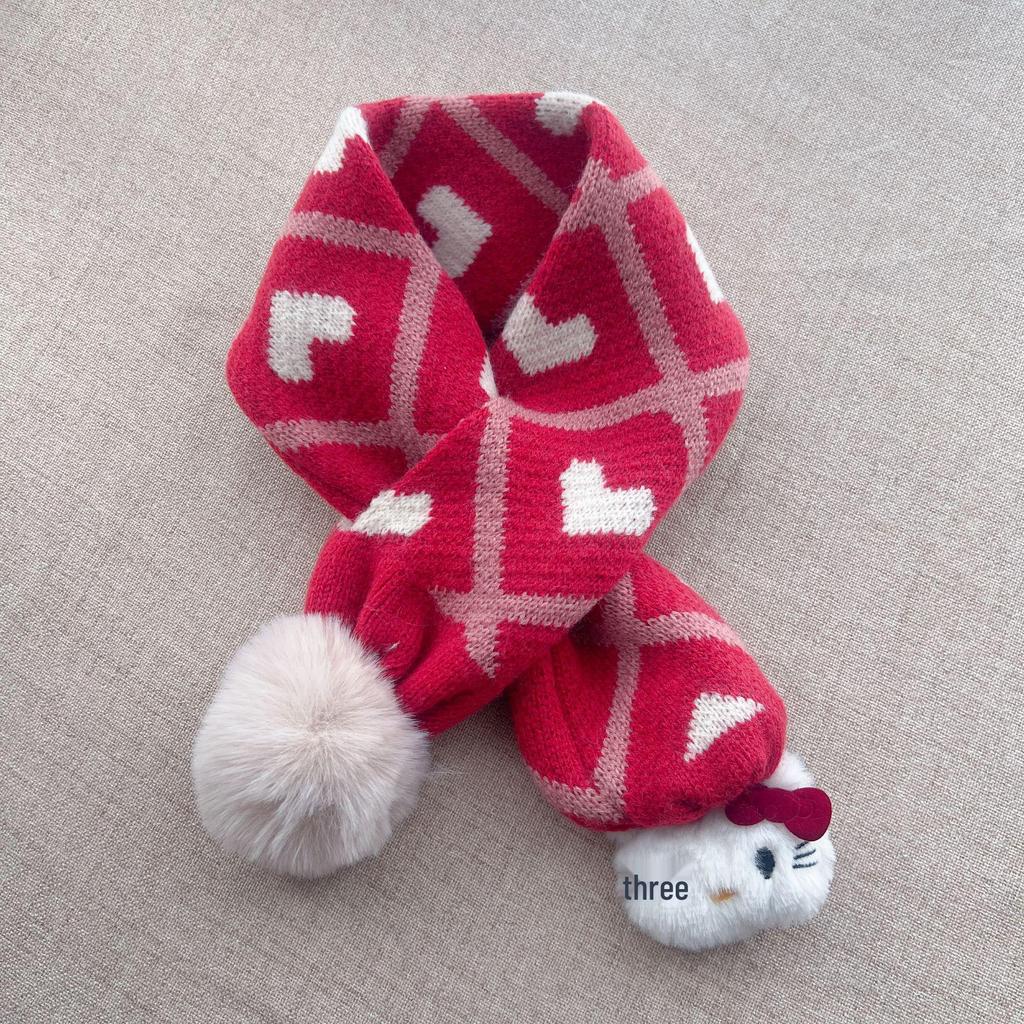 KT Kids' Red Heart Pom-Pom Scarf: Windproof, Warm, and Cute for Autumn/Winter Neck Protection