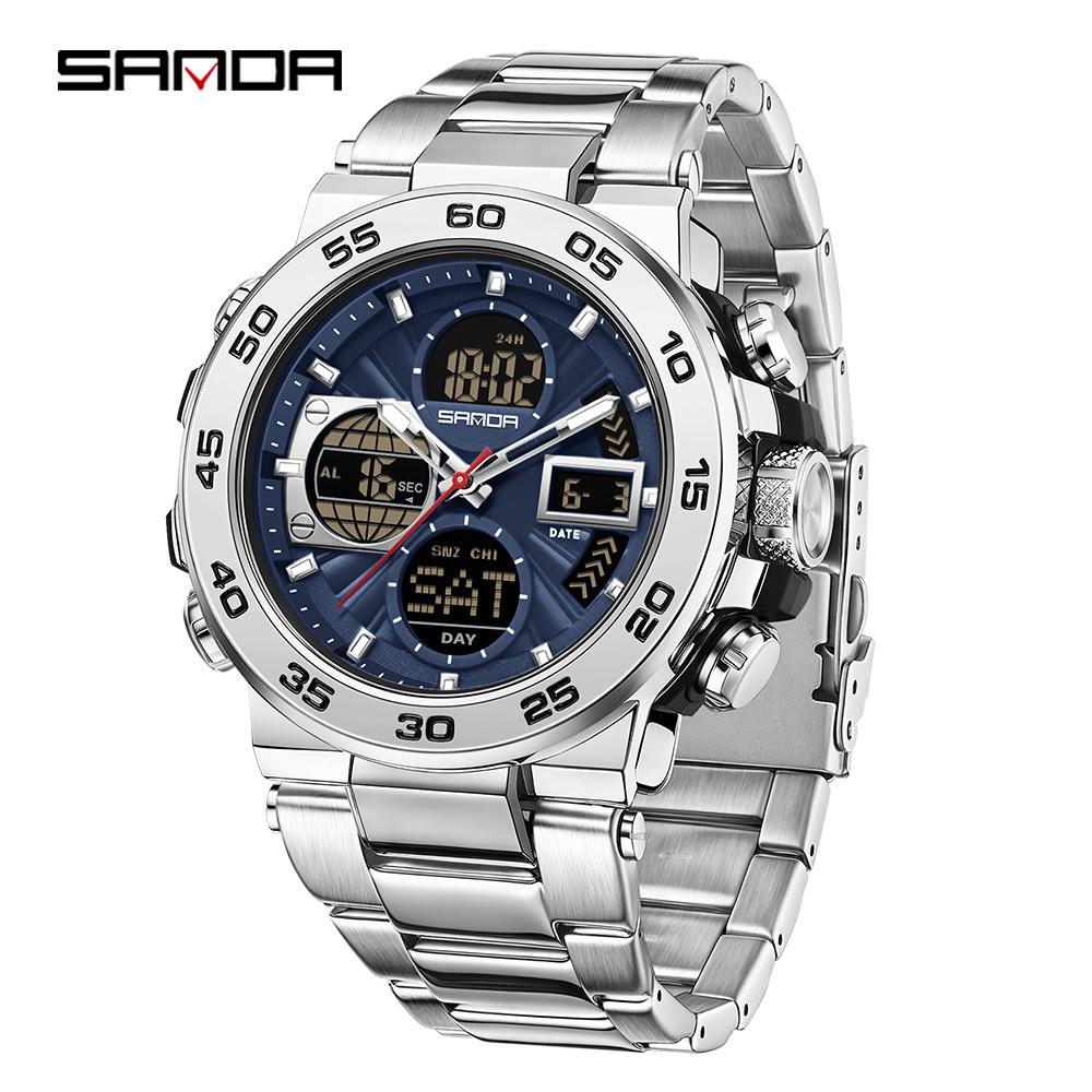 SANDA 6312 Новые стальные спортивные часы с двойным дисплеем и двойным механизмом, водонепроницаемые 5ATM, многофункциональные мужские электронные часы-1