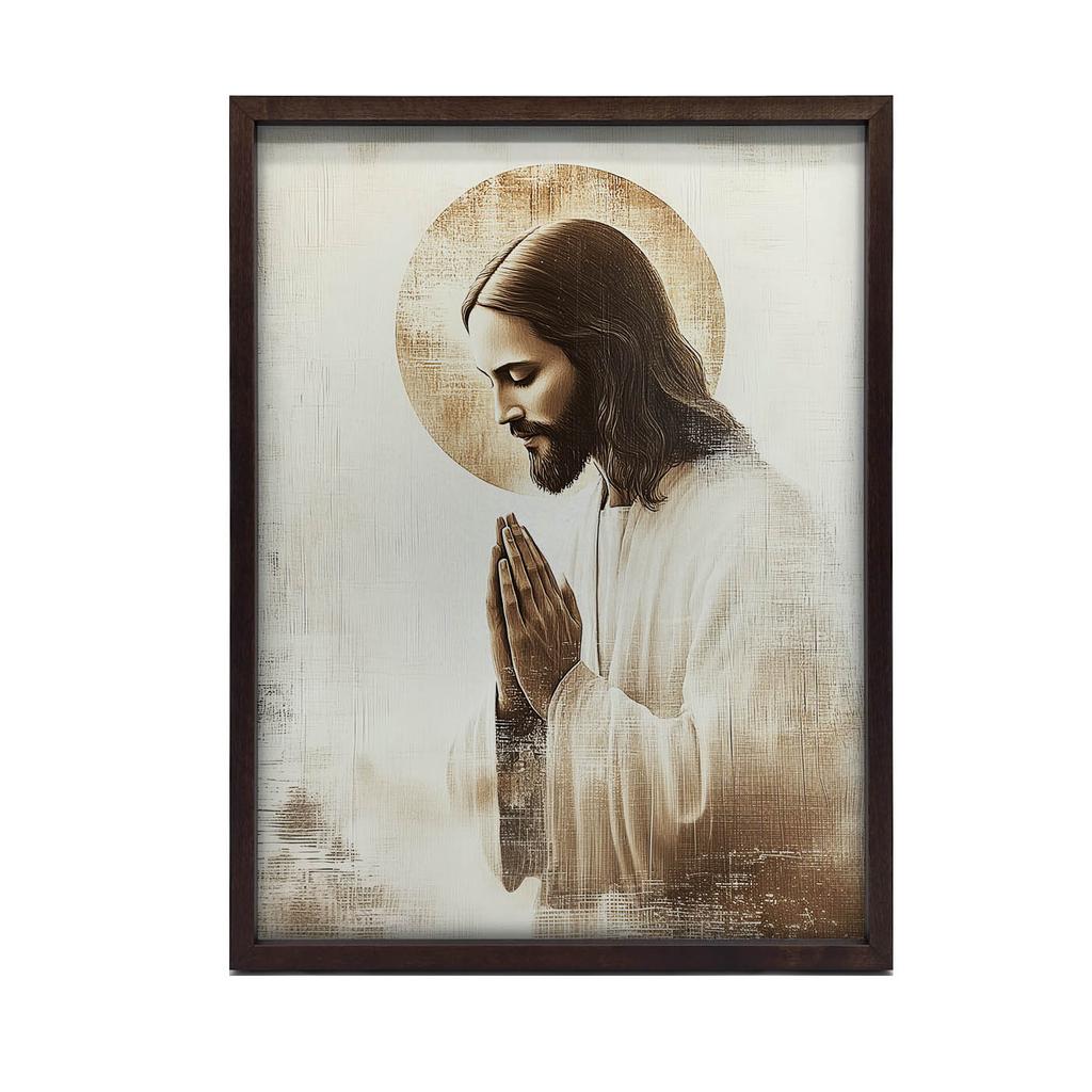 Jezus W Modlitwie - Złota Aureola Jezus W Modlitwie - Złota Aureola, 70X100 Cm, Rama Drewniana Jasny Dąb, Papier Matowy 230 Gsm