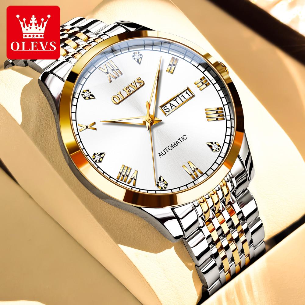 OLEVS Original Men's Watch Stainless Steel Dual Calenadr Classic Luxury Business Automatic Mechanical Wrist Watches for Man 6602