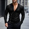 Men V Neck Long Sleeve Zipper Front Cross Mesh Sheer Striped T-Shirts Tops