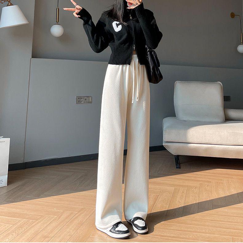 Женские широкие брюки из утолщенного вельвета и бархата с высокой талией - Коллекция Весна и Осень-Зима