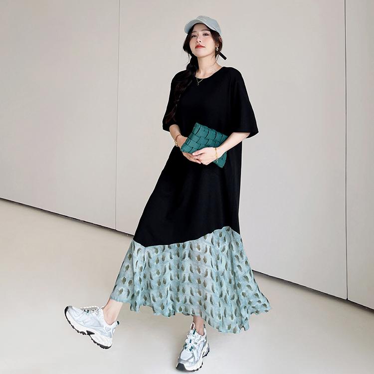 DIMANAF 2025 Летнее платье больших размеров Женское Повседневное комбинированное Цветочное Винтажное Длинное платье Базовое С коротким рукавом Свободное платье Макси