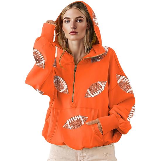 Женская толстовка с капюшоном, худи оверсайз на молнии до середины, с принтом регби с пайетками, осенний повседневный пуловер с карманами