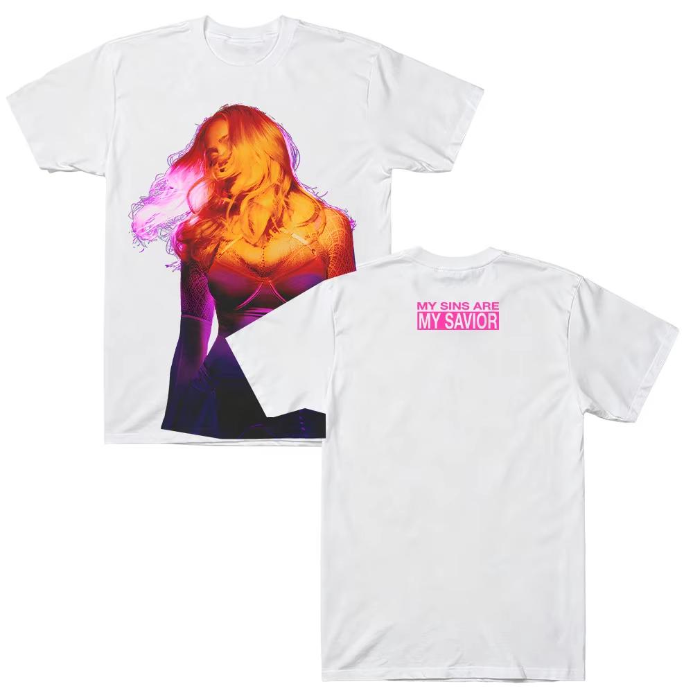 MY SINS ARE MY SAVIOR Neon Portrait Front & Back Print T-shirt Men Women Trendy Hip Hop Streetwear T-shirt Breathable and Comfortable Clothes